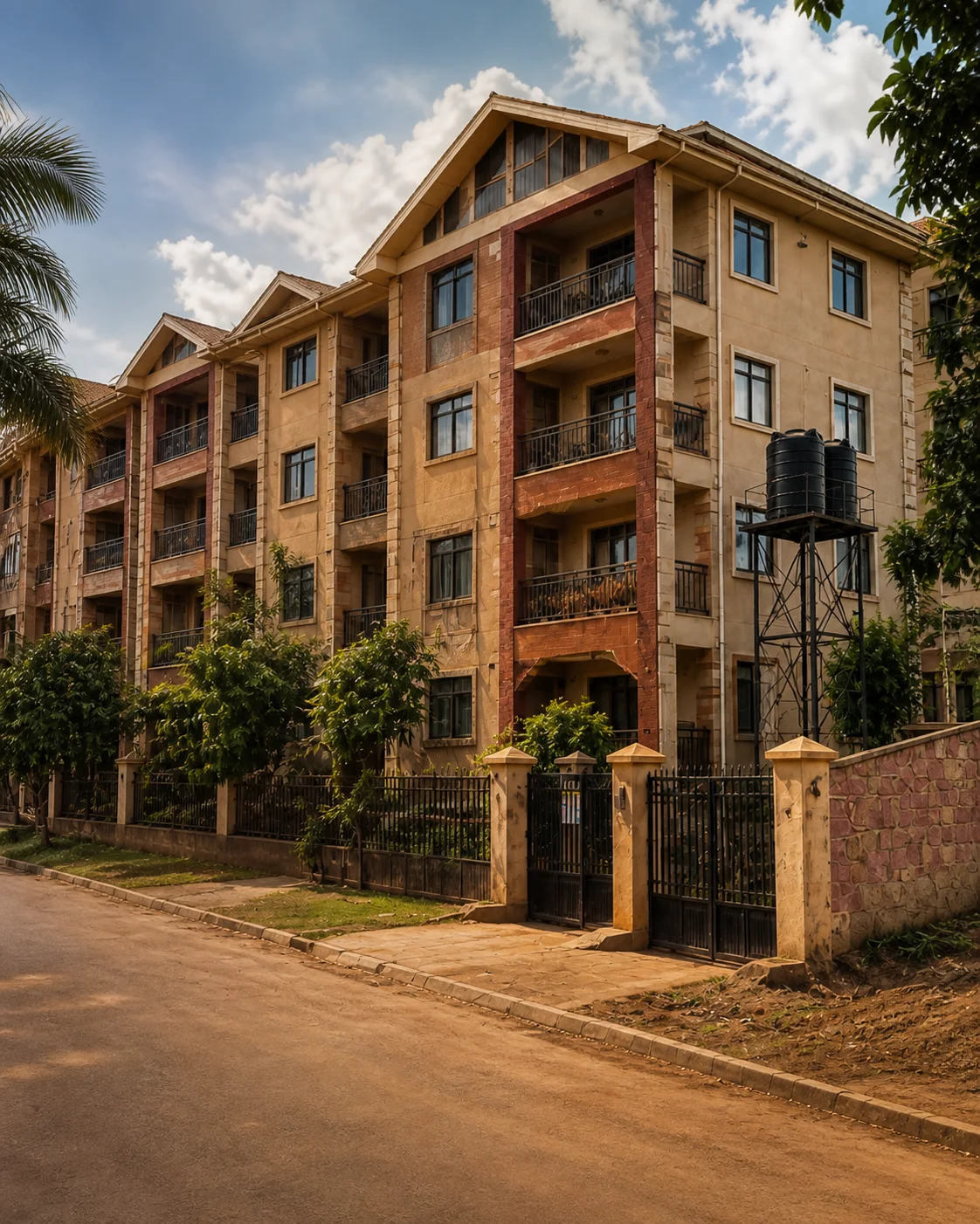 An apartment building with balconies, greenery and a welcoming neighborhood street